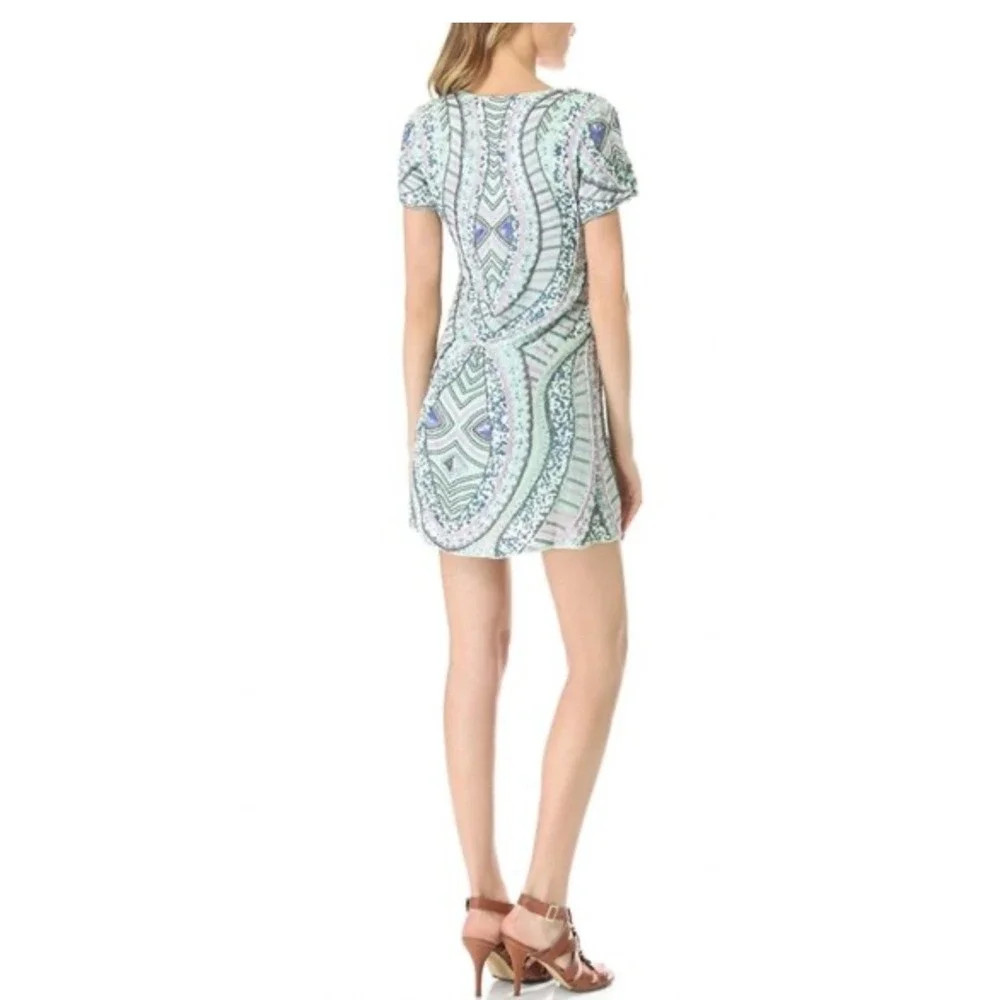 Antik Batik Mint Green Beaded Sequin Mini Dress V-Neck Boho Short Sleeve - Picture 4 of 12